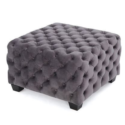 Button Tufted Diamond Stitch Velvet Ottoman, Modern Glam Upholstered Accent Seat for Living Room