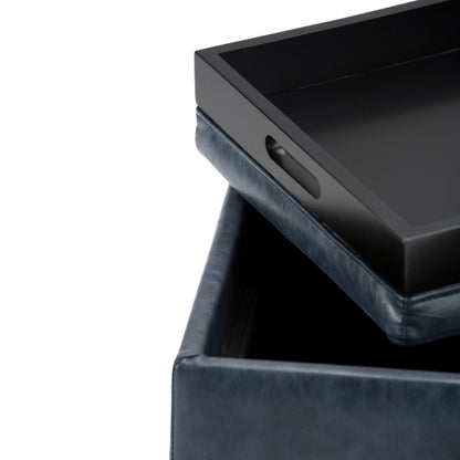 Denim Blue Vegan Leather Cube Storage Ottoman with Reversible Tray Lid, 17 Inch
