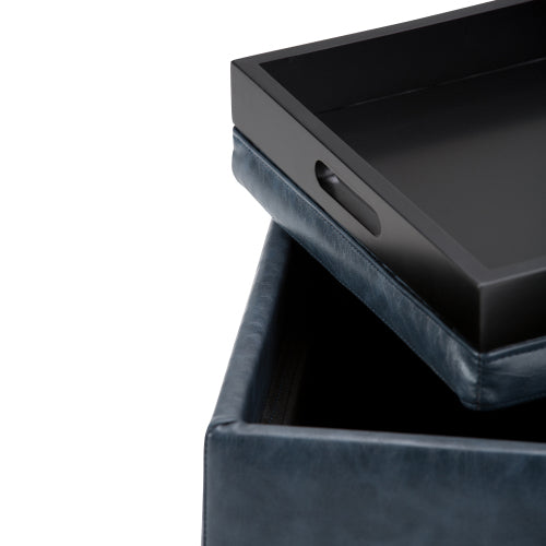 Denim Blue Vegan Leather Cube Storage Ottoman with Reversible Tray Lid, 17 Inch