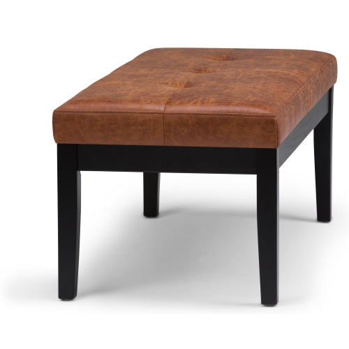 Distressed Saddle Brown Vegan Leather Tufted Ottoman Bench, Rectangular Entryway Footrest Seat with Wood Legs
