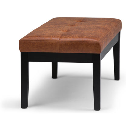 Distressed Saddle Brown Vegan Leather Tufted Ottoman Bench, Rectangular Entryway Footrest Seat with Wood Legs