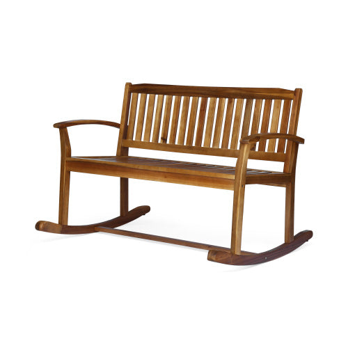 Patio Rocking Loveseat, 2 Person Outdoor rocker Bench, Acacia Wood Patio rocking Loveseat with Armrests, Slatted Seat & Backrest, Porch Rocking Bench for Backyard, Garden