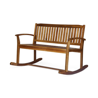 Patio Rocking Loveseat, 2 Person Outdoor rocker Bench, Acacia Wood Patio rocking Loveseat with Armrests, Slatted Seat & Backrest, Porch Rocking Bench for Backyard, Garden