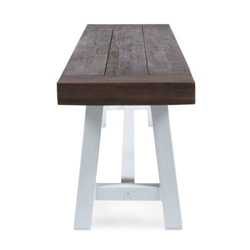 Dark Brown Sandblast Finish Acacia Wood Dining Bench with White Rustic Metal Finish Frame
