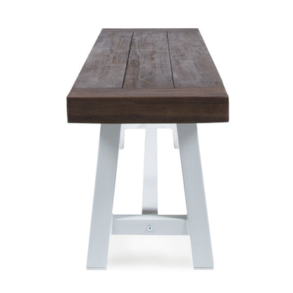 Dark Brown Sandblast Finish Acacia Wood Dining Bench with White Rustic Metal Finish Frame
