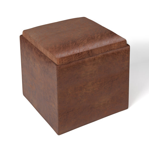 Storage Ottoman with Tray 17 Inch Cube Vegan Leather Footrest