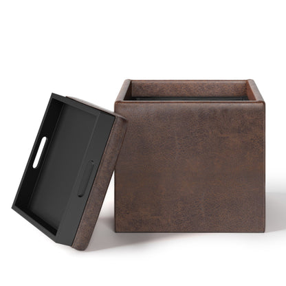 Storage Ottoman with Tray 17 Inch Cube Brown Vegan Leather Footrest