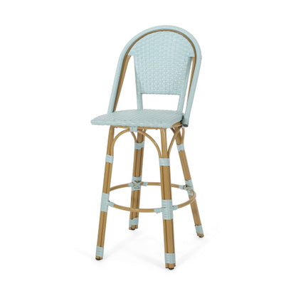 29.5" Outdoor PE Rattan and Aluminum French Barstools, Set of 2, Light Teal and Bamboo Finish