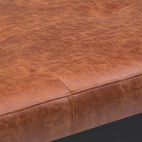 Distressed Saddle Brown Vegan Leather Tufted Ottoman Bench, Rectangular Entryway Footrest Seat with Wood Legs