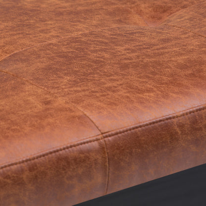 Distressed Saddle Brown Vegan Leather Tufted Ottoman Bench, Rectangular Entryway Footrest Seat with Wood Legs