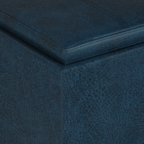 17 Inch Storage Ottoman with Tray Dark Blue Vegan Leather Cube