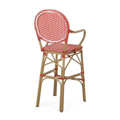 Outdoor Wicker and Aluminum 29.5" French Barstools, Set of 2, Red, Bamboo Print Finish