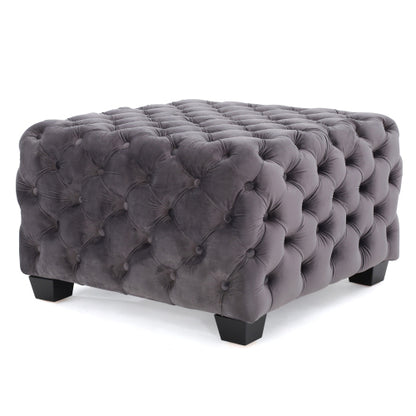 Button Tufted Diamond Stitch Velvet Ottoman, Modern Glam Upholstered Accent Seat for Living Room
