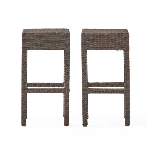 Outdoor PE Rattan Backless Barstools, Set of 2, Dark Brown