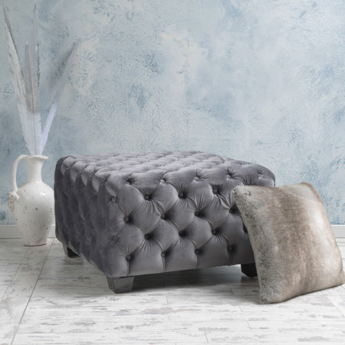 Button Tufted Diamond Stitch Velvet Ottoman, Modern Glam Upholstered Accent Seat for Living Room