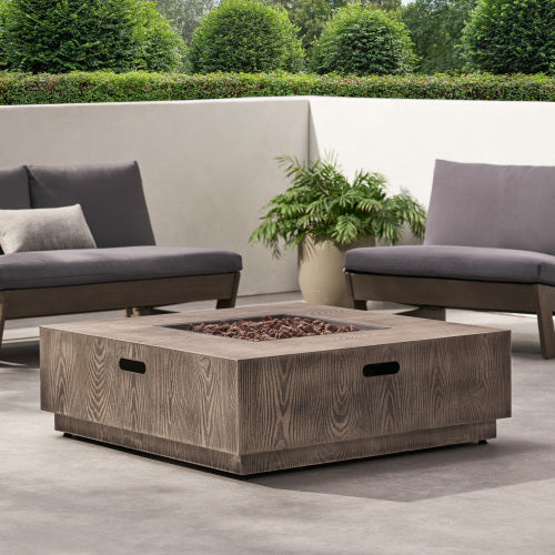 WELLINGTON SQUARE IRON WOOD PATTERN FIRE PIT -50,000 BTU Tank outside