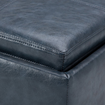 Denim Blue Vegan Leather Cube Storage Ottoman with Reversible Tray Lid, 17 Inch
