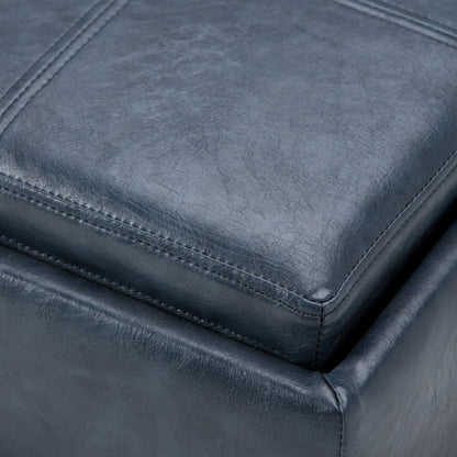 Denim Blue Vegan Leather Cube Storage Ottoman with Reversible Tray Lid, 17 Inch