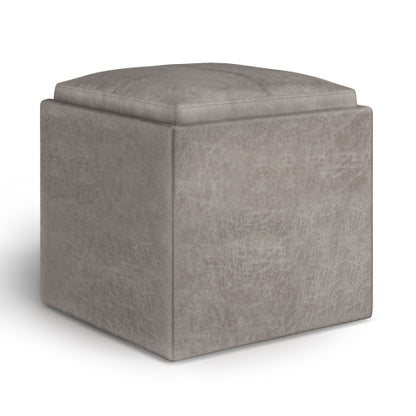 17 Inch Storage Ottoman with Tray Grey Taupe Leather Cube Footrest