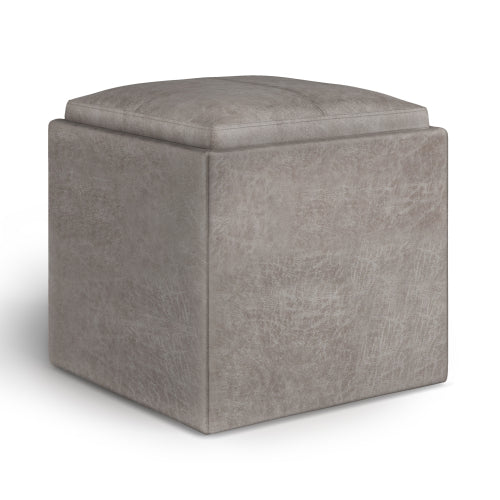 17 Inch Storage Ottoman with Tray Grey Taupe Leather Cube Footrest