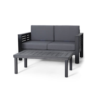Acacia Wood Outdoor Loveseat and Coffee Table Set with Cushions, Dark Gray