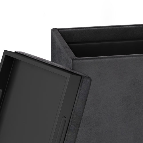 17 Inch Storage Ottoman with Tray Distressed Black Vegan Leather Cube