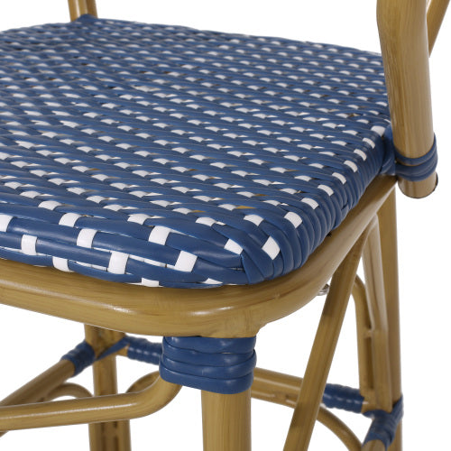 Outdoor Wicker and Aluminum 29.5" French Barstools, Set of 2, Navy Blue, Bamboo Print Finish