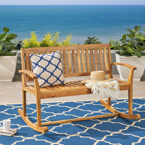 Patio Rocking Loveseat, 2 Person Outdoor rocker Bench, Acacia Wood Patio rocking Loveseat with Armrests, Slatted Seat & Backrest, Porch Rocking Bench for Backyard, Garden