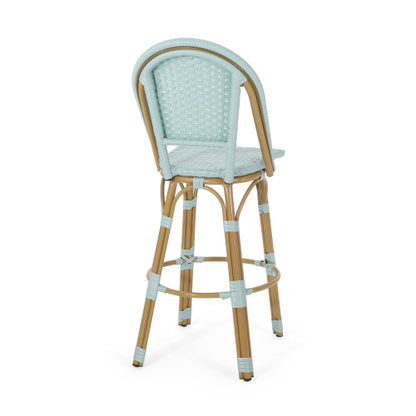 29.5" Outdoor PE Rattan and Aluminum French Barstools, Set of 2, Light Teal and Bamboo Finish