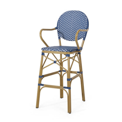 Outdoor Wicker and Aluminum 29.5" French Barstools, Set of 2, Navy Blue, Bamboo Print Finish