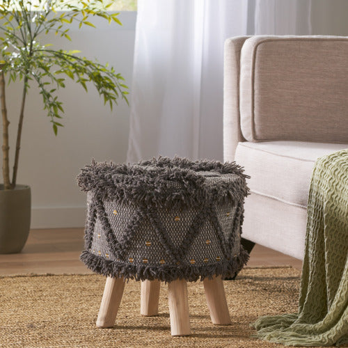 Handcrafted Wool & Cotton Boho Foot Stool Ottoman, Tufted with Metal Accents