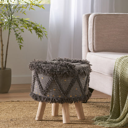 Handcrafted Wool & Cotton Boho Foot Stool Ottoman, Tufted with Metal Accents