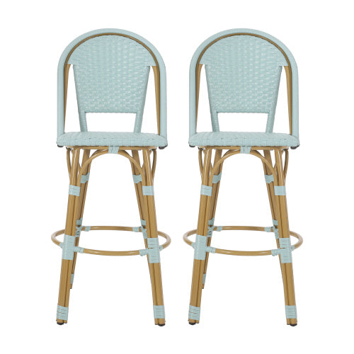 29.5" Outdoor PE Rattan and Aluminum French Barstools, Set of 2, Light Teal and Bamboo Finish