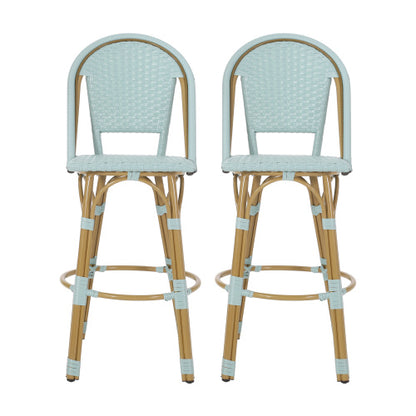 29.5" Outdoor PE Rattan and Aluminum French Barstools, Set of 2, Light Teal and Bamboo Finish