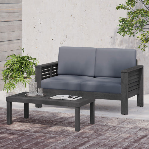 Acacia Wood Outdoor Loveseat and Coffee Table Set with Cushions, Dark Gray