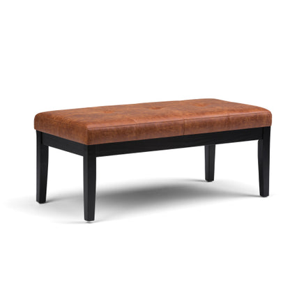 Distressed Saddle Brown Vegan Leather Tufted Ottoman Bench, Rectangular Entryway Footrest Seat with Wood Legs