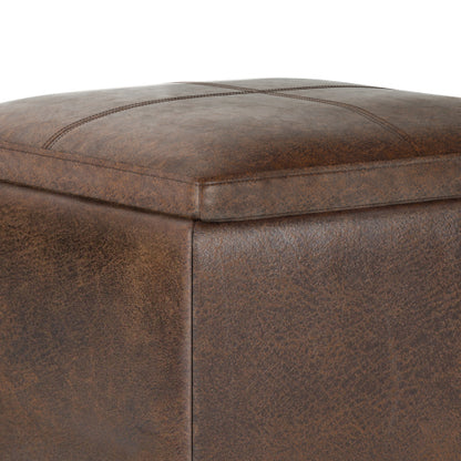 Storage Ottoman with Tray 17 Inch Cube Brown Vegan Leather Footrest