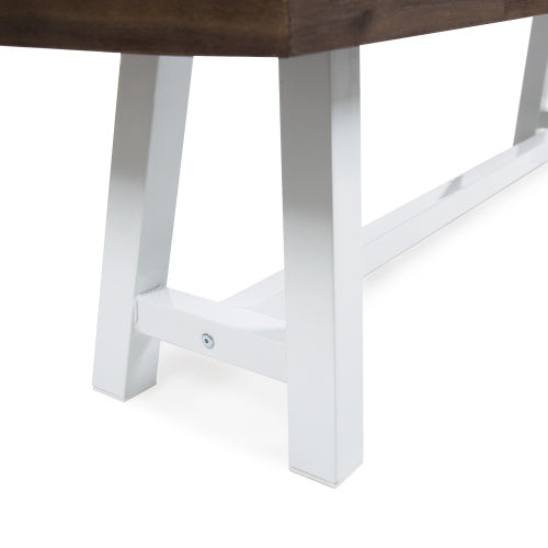 Dark Brown Sandblast Finish Acacia Wood Dining Bench with White Rustic Metal Finish Frame