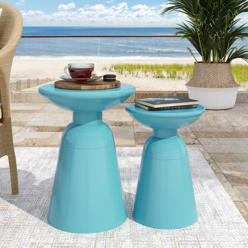 Serenita Outdoor Iron Side Tables with Flared Design, Set of 2 , Teal