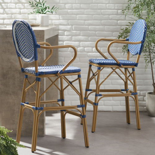 Outdoor Wicker and Aluminum 29.5" French Barstools, Set of 2, Navy Blue, Bamboo Print Finish