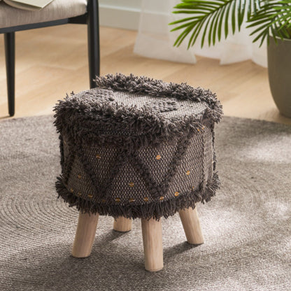 Handcrafted Wool & Cotton Boho Foot Stool Ottoman, Tufted with Metal Accents