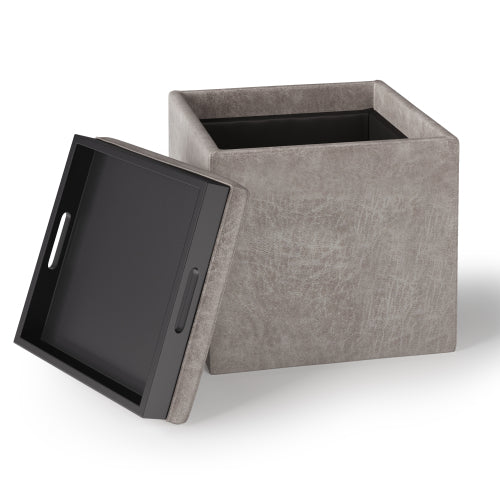 17 Inch Storage Ottoman with Tray Grey Taupe Leather Cube Footrest