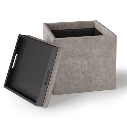 17 Inch Storage Ottoman with Tray Grey Taupe Leather Cube Footrest