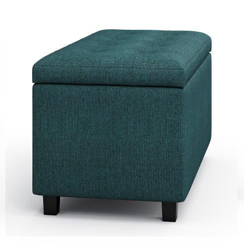 34 Inch Storage Ottoman Bench Teal Fabric Tufted Footrest