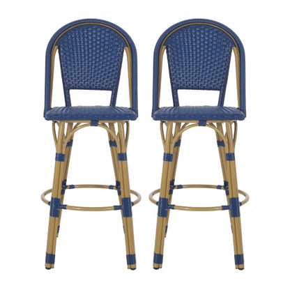 29.5" Outdoor PE Rattan and Aluminum French Barstools, Set of 2, Navy Blue and Bamboo Finish