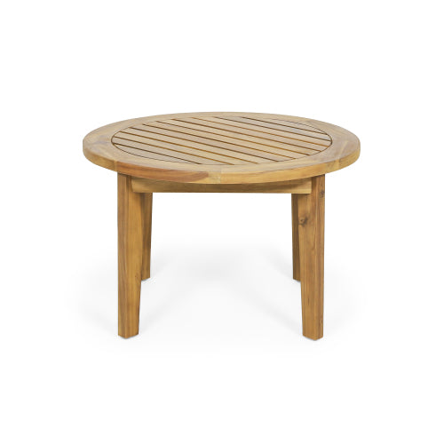 27 Inch Round Brown Acacia Wood  Slatted Coffee Table, Weather Resistant
