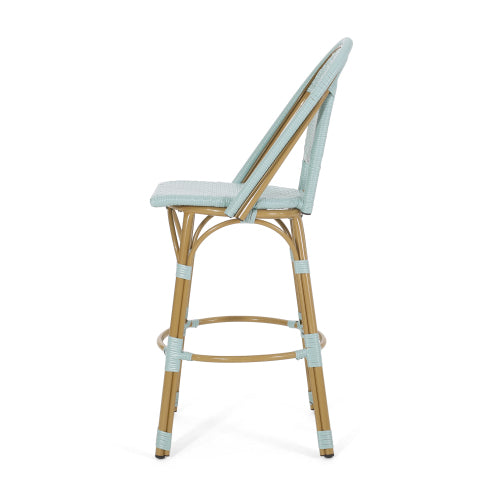 29.5" Outdoor PE Rattan and Aluminum French Barstools, Set of 2, Light Teal and Bamboo Finish