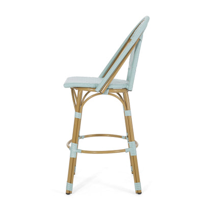 29.5" Outdoor PE Rattan and Aluminum French Barstools, Set of 2, Light Teal and Bamboo Finish