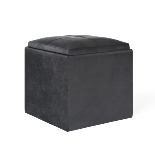 17 Inch Storage Ottoman with Tray Distressed Black Vegan Leather Cube