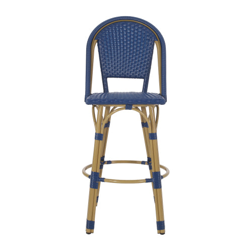 29.5" Outdoor PE Rattan and Aluminum French Barstools, Set of 2, Navy Blue and Bamboo Finish